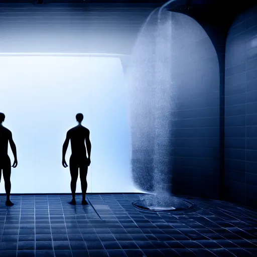 Image similar to two guys in the steam room. super realistic 8 k render of a elegant, cinematic composition