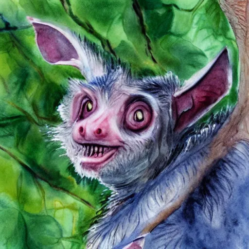 Image similar to an aye - aye in a tree. watercolour and ink