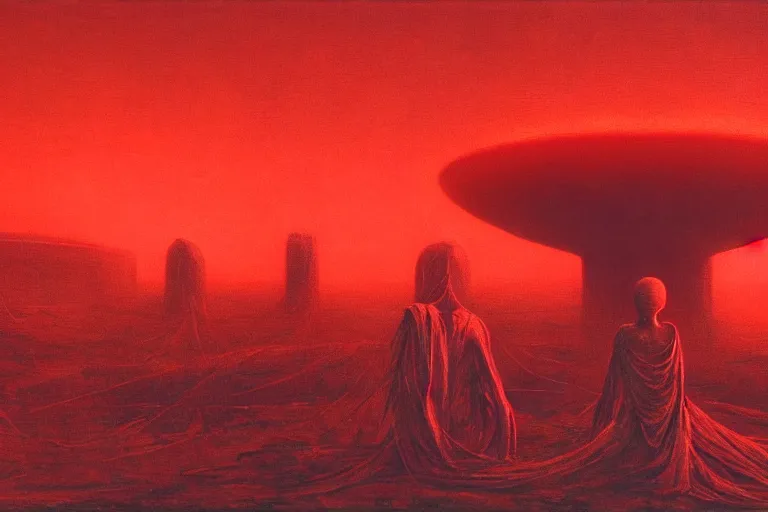 Image similar to only with red, red god of death eat apple, a futuristic city on mars in the background, red worms on the floor, in the style of beksinski, part by hopper, part by rodcenko, part by hofbauer, intricate composition, red by caravaggio, insanely quality, highly detailed, masterpiece, red light, artstation, 8 k