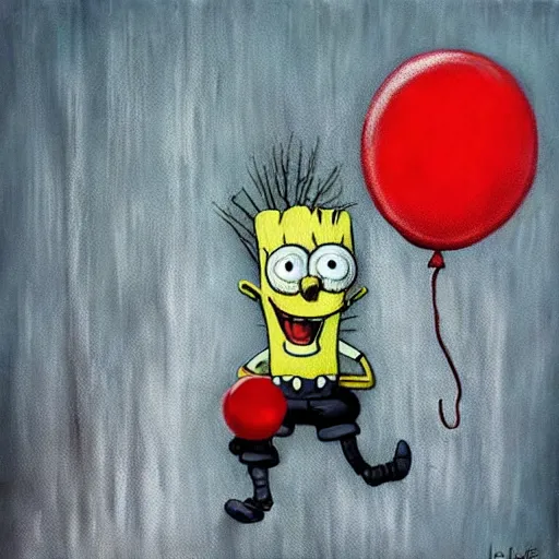 Image similar to grunge painting of spongebob with a wide smile and a red balloon by chris leib, loony toons style, pennywise style, corpse bride style, horror theme, detailed, elegant, intricate