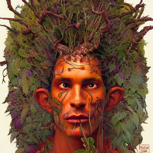 Image similar to Psychedelic Physique Portrait of a Shaman Guy wearing an ivy costume plant disguised as a human standing atop a red clay pot greg rutkowski jen bartel peter mohrbacher anna podedworna arthur rackham salvador dali octavio ocampo jacek yerka winslow homer norman rockwell uta natsume prismacolor tombow quill