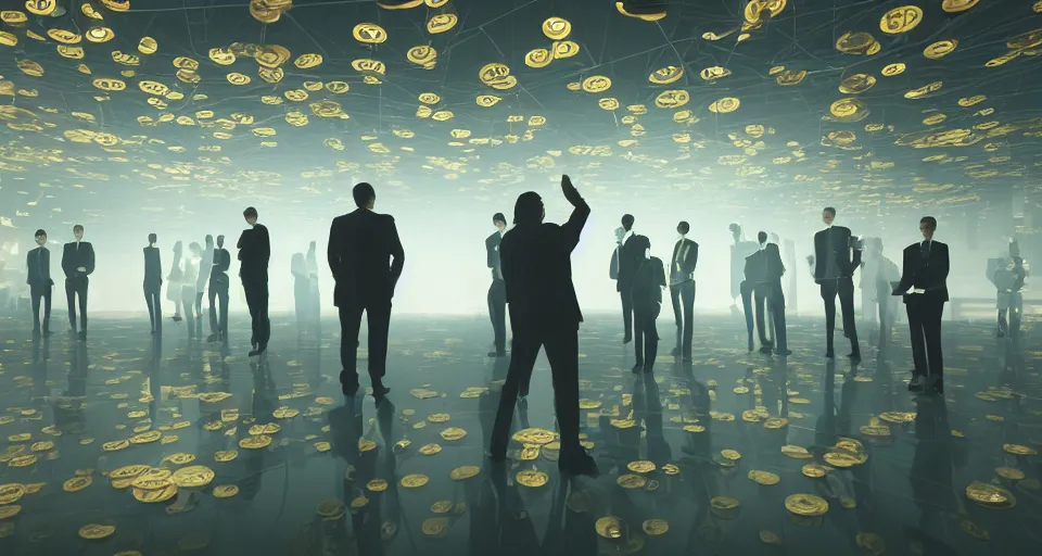 Image similar to Dramatic photo of a CEO waving goodbye to a group of silhouettes of his coworkers in a futuristic office. Golden coins are levitating all around them. 8k, high detail, trending on Artstation, volumetric lighting, cyberpunk