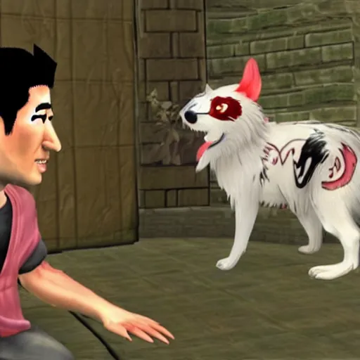 Prompt: Screenshot of the Markiplier character in the Playstation 2 game Okami. HDR, 4k, 8k, Okami being petted by the YouTuber Markiplier, who is looking at the camera while petting Okami. Very accurate depiction of Markiplier in Okami.