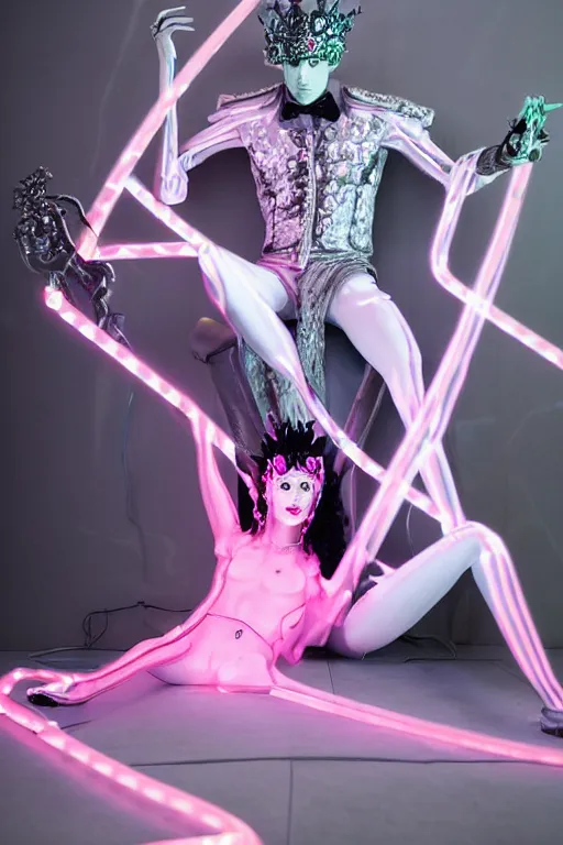 Image similar to full-body rococo and cyberpunk style neon statue of a young attractive Alex Rodriguez macho dotado e rico android sim roupa reclining con las piernas abertas e la piroca dura, glowing white lasers, glowing eyes, silver prince crown, black gears, pink diamonds, swirling mint-colored silk fabric. futuristic elements. ethereal white dripping tar. full-length view. human skulls. large pink balloon animals. intricate artwork by caravaggio. Trending on artstation, octane render, cinematic lighting from the right, hyper realism, octane render, 8k, depth of field, 3D