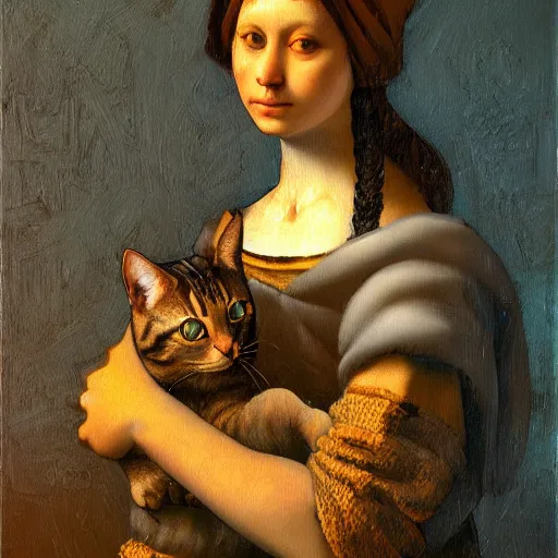 Image similar to a cat, dmitry spiros, leonardo da vinci, jacques - louis david, johannes vermeer, 8 k, wide angle, trending on artstation,