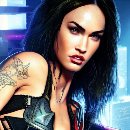 Prompt: Megan Fox portrait, Cyberpunk 2077, ultra photorealistic, cybernetic body parts