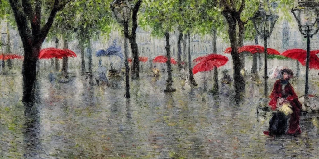 Image similar to parisian woman in the jardin du luxembourg, paris, raining, impressionist art style, 4K