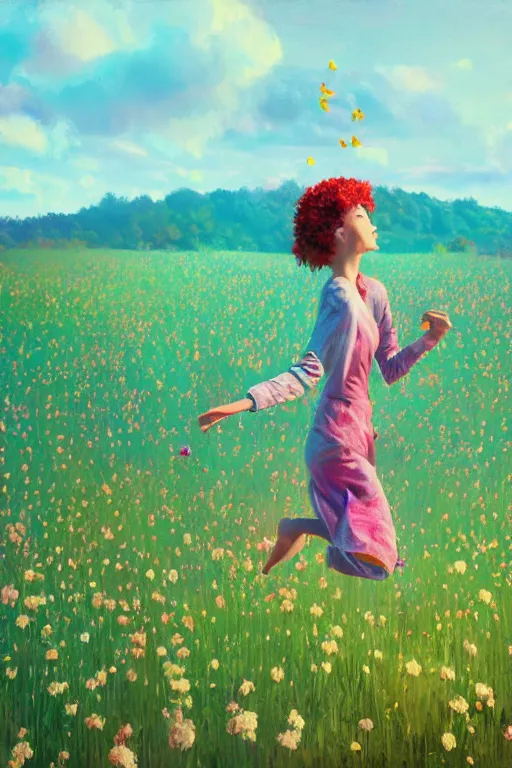 Image similar to closeup, giant flower head, girl in suit jumping in field of flowers, surreal photography, sunrise, blue sky, dramatic light, impressionist painting, digital painting, artstation, simon stalenhag