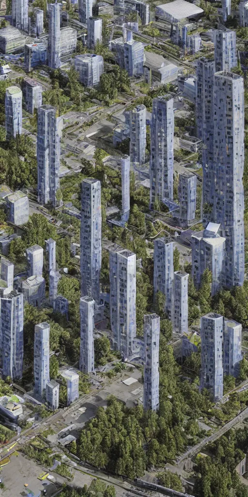 Prompt: a detailed elevational photo by Andreas Gursky of tall and slender futuristic mixed-use towers emerging out of the ground. The rusty industrial towers are under repair and are partially covered in metal scaffolding and multicolored tarps. The other parts of the towers are covered with trees and ferns growing from scaffolding, floors, and balconies. The towers are bundled very close together and stand straight and tall. The towers have 100 floors with deep balconies and hanging plants. Cinematic composition, volumetric lighting, foggy morning light, architectural photography, 8k, megascans, vray.