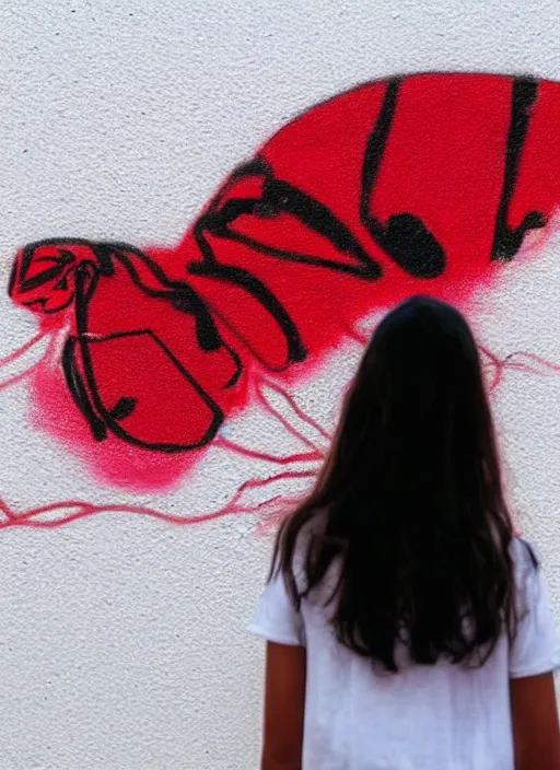 Image similar to a woman's graffiti on a white wall with a red felt - tip pen. women's eyes are made of insect's compound eyes.