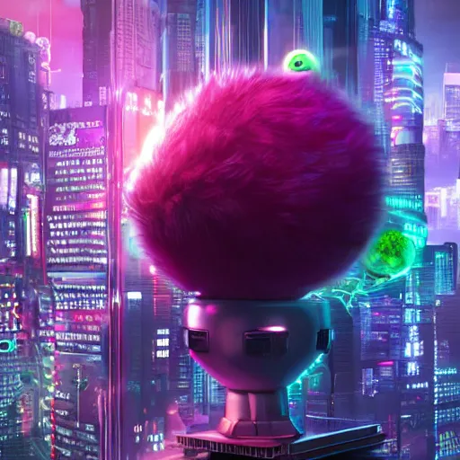 Image similar to high quality 3 d render cyberpunk very tennis ball monster highly detailed, unreal engine cinematic smooth, in the style of blade runner & detective pikachu, hannah yata charlie immer, purple light, low angle, uhd 8 k, sharp focus