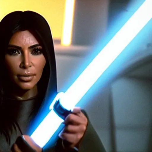 Image similar to kim kardashian holding a lightsaber in star wars episode 3, 8k resolution, full HD, cinematic lighting, award winning, anatomically correct