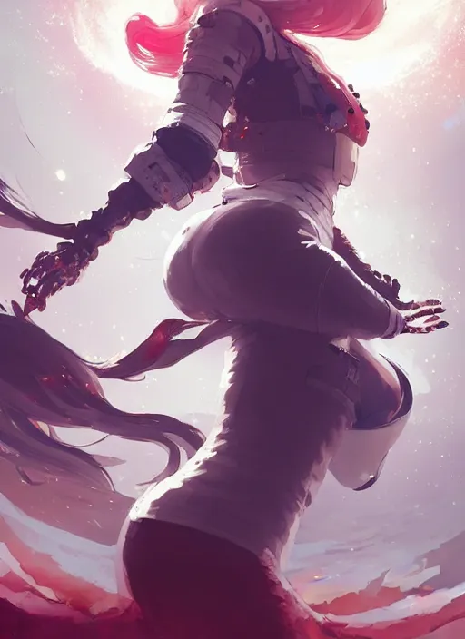 Prompt: highly detailed portrait of a hopeful pretty astronaut lady with a wavy blonde hair, by Dustin Nguyen, Akihiko Yoshida, Greg Tocchini, Greg Rutkowski, Cliff Chiang, 4k resolution, nier:automata inspired, bravely default inspired, vibrant but dreary but upflifting red, black and white color scheme!!! ((Space nebula background))
