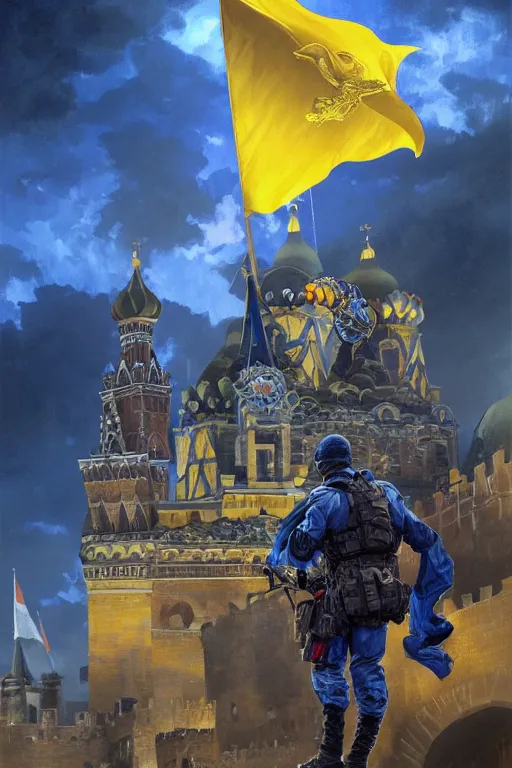 Image similar to special forces soldier installin ukrainian blue and yellow flag on red square kremlin, masculine figure, d & d, fantasy, bright atmosphere, volumetric lights, intricate, elegant, extremely detailed, digital painting, artstation, concept art, matte, smooth, sharp focus, hyper realistic, illustration, art by artgerm and greg rutkowski and alphonse mucha