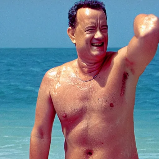 Image similar to tom hanks wearing a pink bikini rinsing himself off in the beach shower, bystanders watching intently, high resolution photograph,