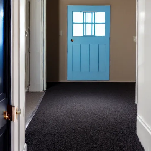 Prompt: dark nostalgic empty house with stairs in the middle and doors on either side, one door is closed and the door on the right is open to a blue bathroom, tan carpet