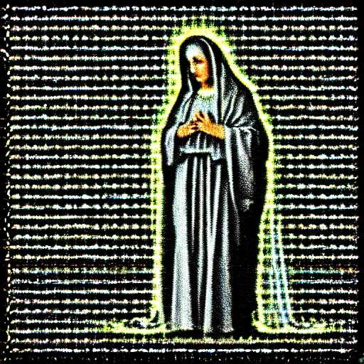 Image similar to vhs static overlay of marian apparition, vhs, 1 9 9 0, highly realistic, highly detailed, vhs noise static, black and white, vhs glitch