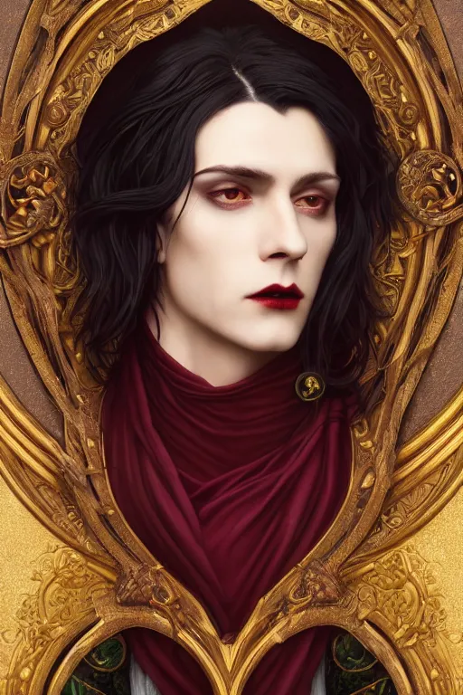 Image similar to a beautiful androgynous man, long thick dark hair, deep brown eyes, vampire, dressed in velvet, wearing a ruby pendant, illustration, dramatic lighting, soft details, painting oil on canvas, art nouveau, octane render, HDR, 4k, 8k, HD, by Edmund Blair Leighton, Brom, Charlie Bowater, faces by otto schmidt