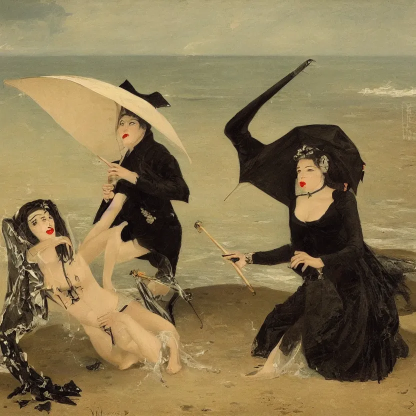 Image similar to portrait of a beautiful and grim vampire queen under a large beach umbrella being splashed by water suddenly by William-Adolphe Bouguerea