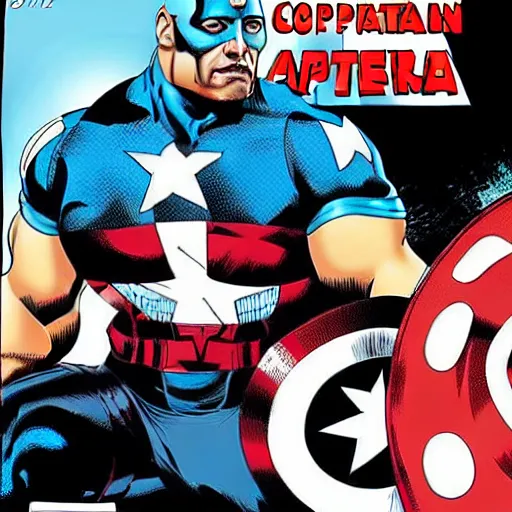 Prompt: dwayne johnson as captain america posing for a cover of a comic book, in the style of a colored comic book, highly detailed, precise, high definition