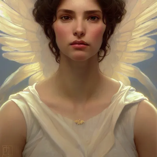 Image similar to wide angle full body portrait of an angel with a perfect face and perfect body, intricate, highly detailed, digital painting, artstation, concept art, smooth, sharp focus, illustration, Unreal Engine 5, 8K, art by artgerm and greg rutkowski and alphonse mucha