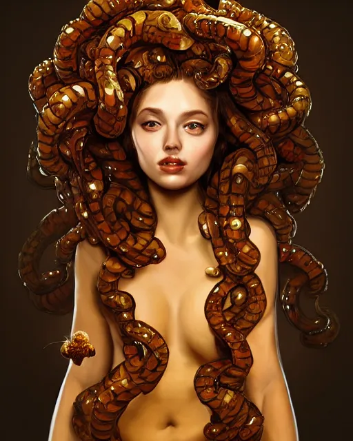 Image similar to beautiful medusa as honey, made of honey, wearing honey - themed miniskirt, award winning creature portrait photography, extremely detailed, artstation, 8 k, sensual lighting, incredible art, wlop, artgerm, backlit, rim lighting, hi - fructose