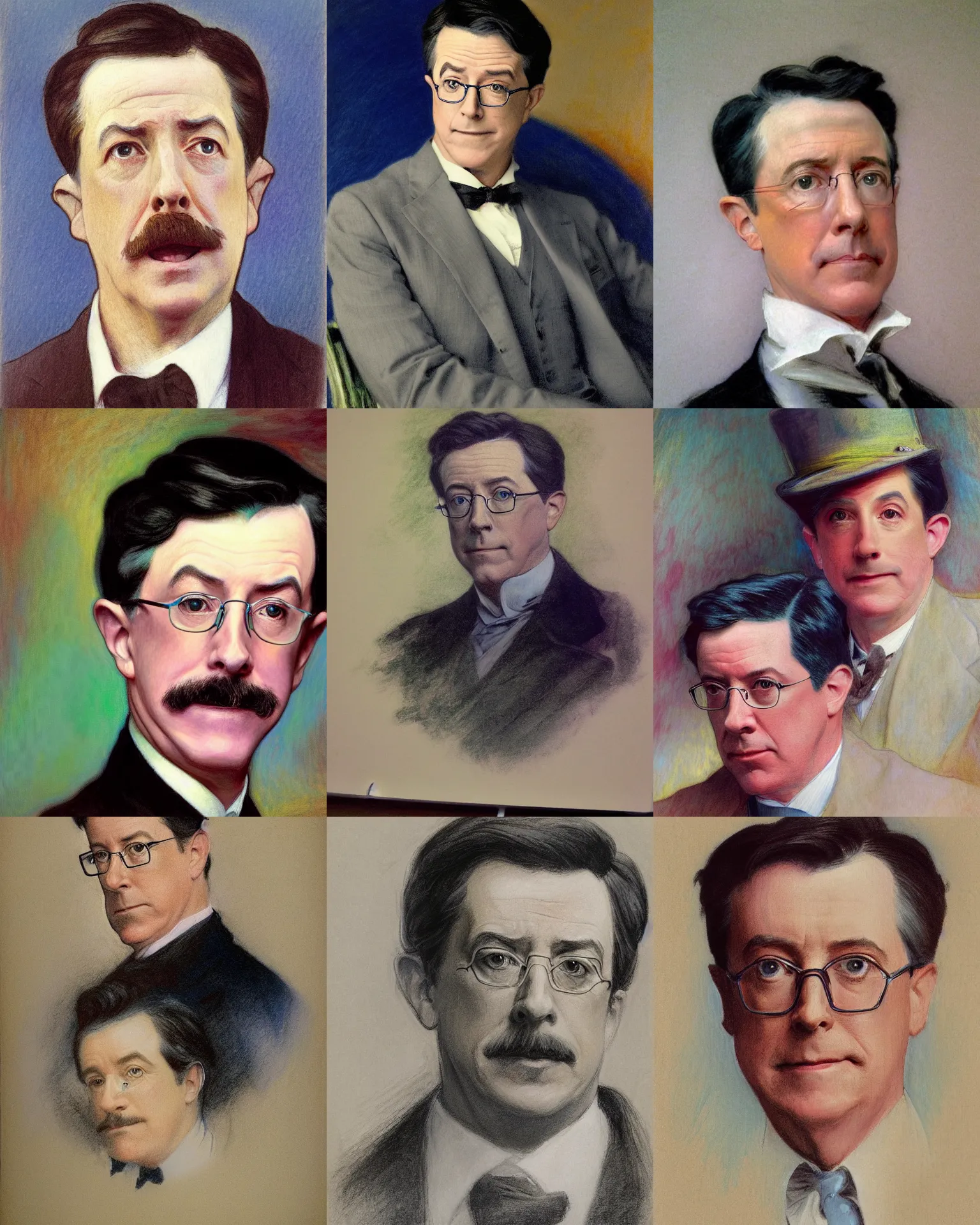 Prompt: colored chalk underdrawing linework portrait of steven colbert with one eyebrow raised by john singer sargent, thomas moran, edmund dulac, fans hals, alphonse mucha, fashion photography, fully clothed