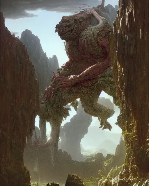 Image similar to a giant troll, detailed. Realistic painting by Thomas Cole and Wayne Barlowe, Greg Rutkowski