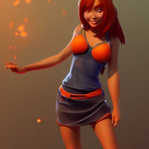 Image similar to upper body illustration of a beautiful latin girl, brown skin, orange hair, small waist, she wears a pretty miniskirt, mattepainting concept blizzard pixar maya engine on stylized background splash comics global illumination lighting artstation, sharp focus, epic, elegant greg rutkowski