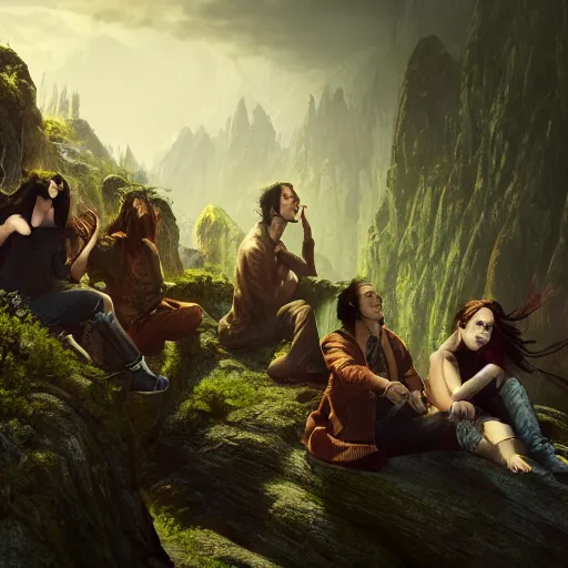 Image similar to Group of vampires chilling on a cliff smoking weed getting away from society, realistic digital art 4K, high quality, Greg Rutkowski, Zabrocki, Karlkka, Jayison Devadas, Phuoc Quan, trending on Artstation, 8K, ultra wide angle, zenith view, pincushion lens effect