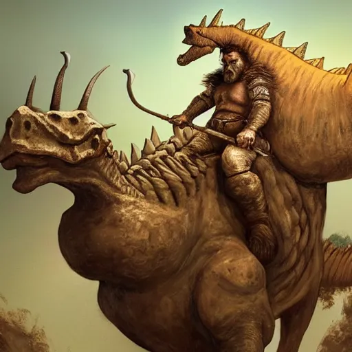 Prompt: caveman riding a stegosaurus, trending on artstation, highly detailed