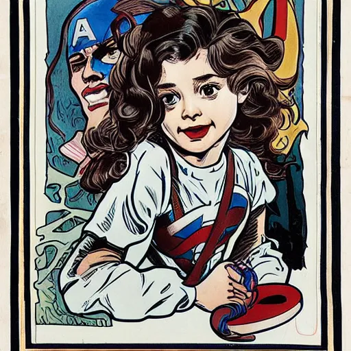 Image similar to a little girl with a mischievous face and light brown curly wavy hair. she is dressed as captain america, spider - man, batman, captain marvel, a superhero. well composed, clean elegant painting, beautiful detailed face. by steve ditko and jack kirby and alphonse mucha