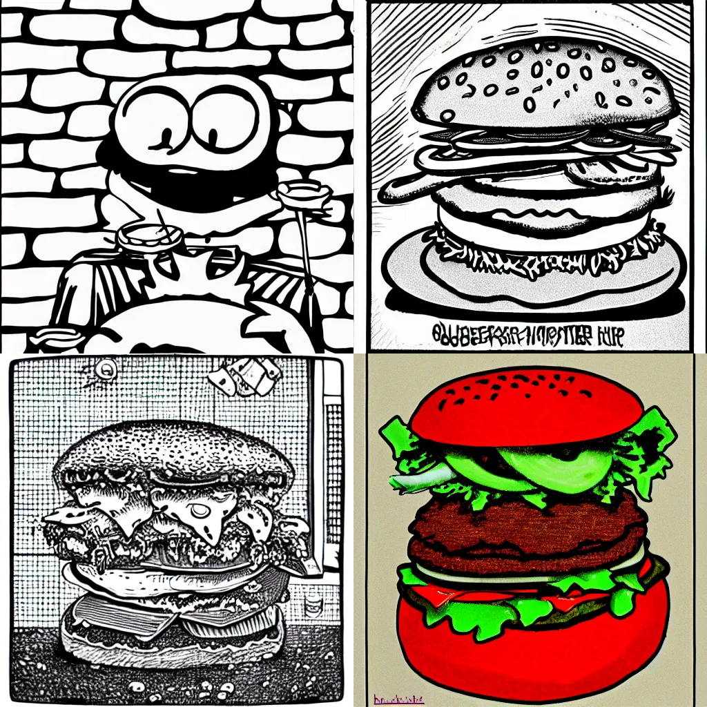 Prompt: hamburger, drawn by phlegm