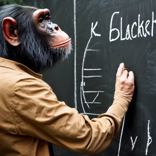 Prompt: chimpanzee lecturer teaching evolution blackboard