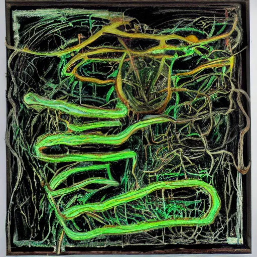 Prompt: a black and green biomechanical talisman of suffering, rotting, fungus, wings by maggi mcdonald, jackson pollock, mark rothko, sabina klein