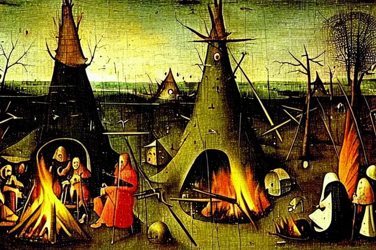 Image similar to hieronymus bosch painting of a campsite with bonfire