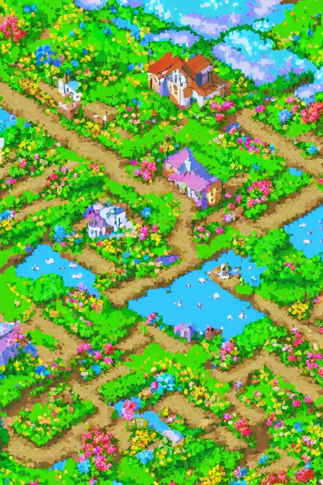 Prompt: a countryside in spring, green hills and blue sky with patches of clouds, nature in all its beauty, some houses in the background, star - shaped flowers in the foreground, we can see the sea, pixel art, indie game, snes, sprite, detailed,