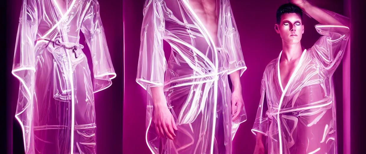 Image similar to hyperrealist highly detailed neo-baroque portrait of obscure high fashion warrior, intricate geometric translucent transparent see-through silk robes, concept art pascal blanche dramatic neon lighting 8k wide angle shallow depth of field