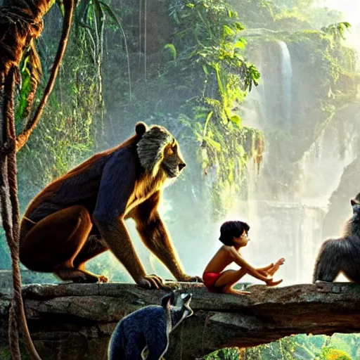 Image similar to jungle book. mowgli and balu. movie still frame. realistic photo.