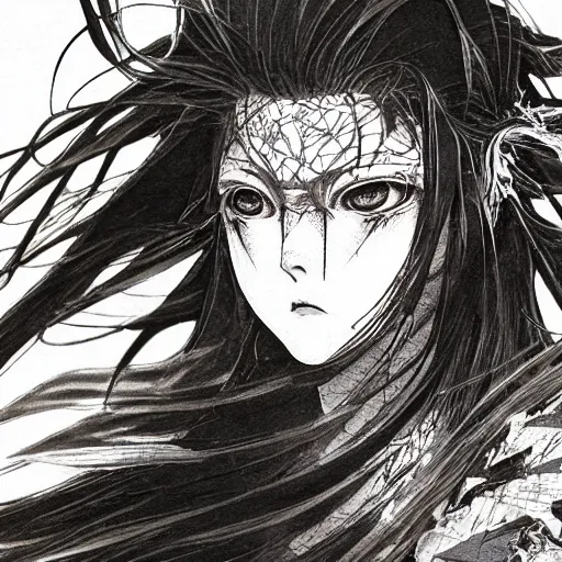 Image similar to yoshitaka amano realistic illustration of an anime girl with black eyes, wavy white hair fluttering in the wind and cracks on her face wearing elden ring armour with engraving, abstract black and white patterns on the background, noisy film grain effect, highly detailed, renaissance oil painting, weird portrait angle, blurred lost edges, three quarter view