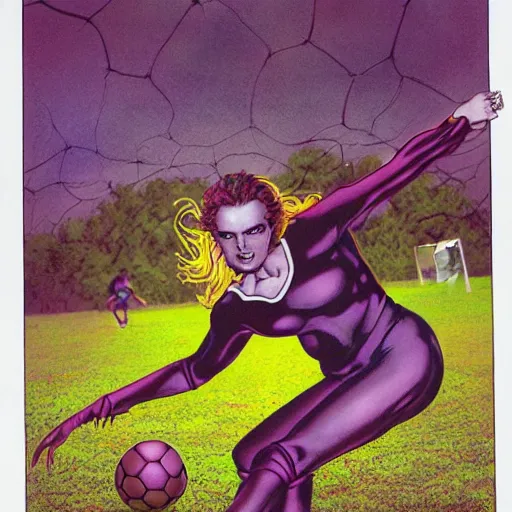 Image similar to a succubus playing soccer, colorful Epic portrait by james gurney and mœbius.