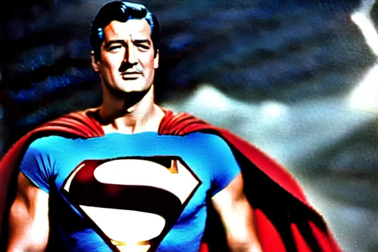 Image similar to rock hudson playing superman in, superhero, dynamic, 3 5 mm lens, heroic, studio lighting, in colour