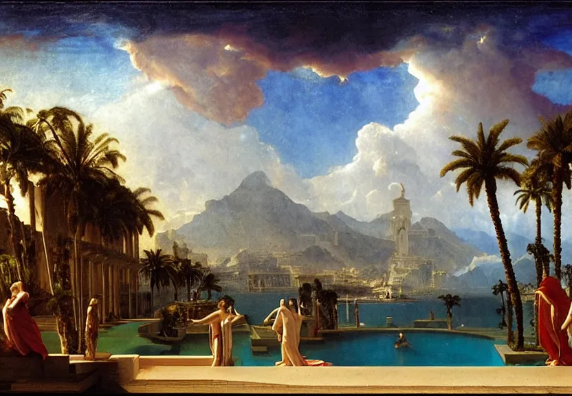 Image similar to Palace floating in heaven, 1km tall, thunderstorm, greek pool, beach and palm trees on the background major arcana sky, by paul delaroche, hyperrealistic 4k uhd, award-winning very detailed, heaven paradise