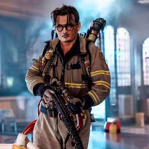 Image similar to Johnny Depp playing a Ghostbuster in the movie Ghostbusters 8k hdr movie still
