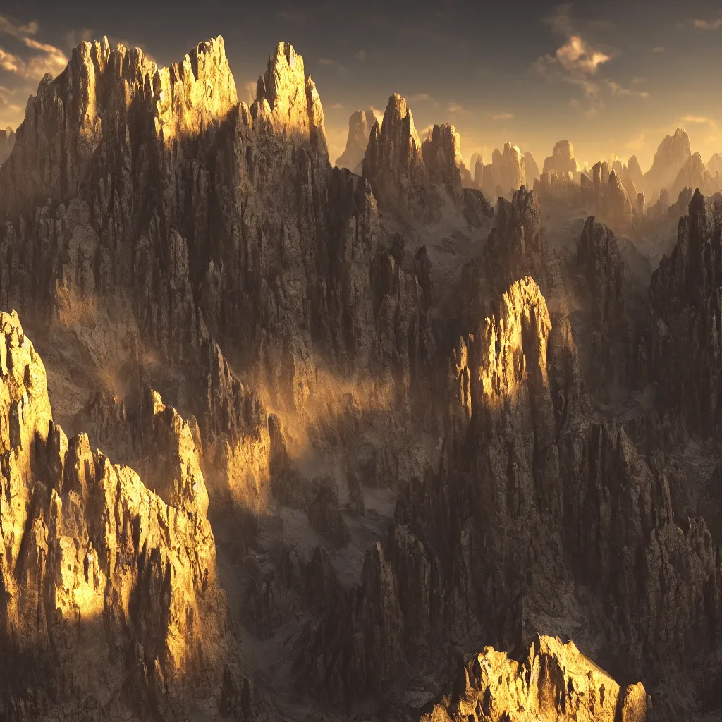 Image similar to dolomites made of gold and iridescent obsidian, volumetric lighting, octane render, magical, dramatic, stunning, cinematic shot 8K HDR 4K very detailed, moody, ambiance