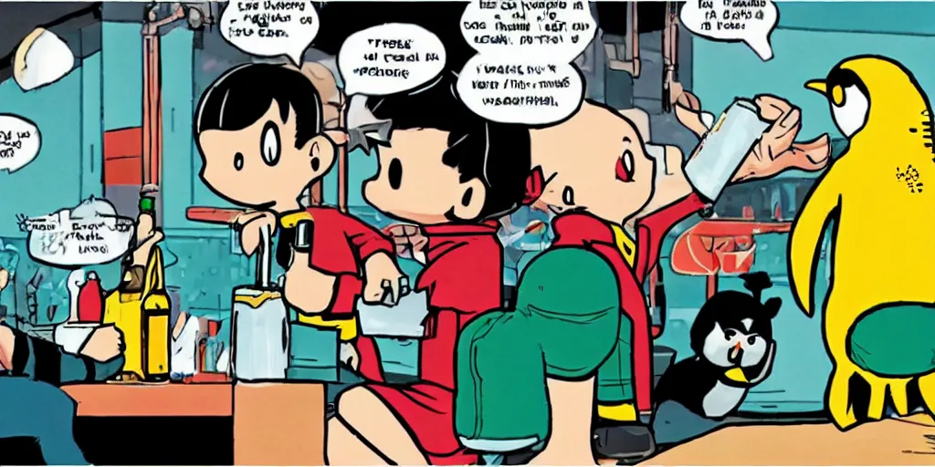 Image similar to Ness from Earthbound Aquaman and a Penguin having drinks at a bar, comic book style