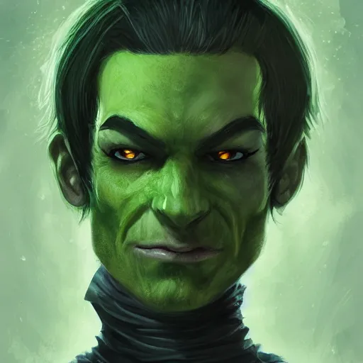 Prompt: dnd head and shoulders portrait, green - skinned, male tiefling, pirate, horned, blindfolded, greasy long black hair, scrawny, by charlie bowater, lise deharme, wlop, tending on arstation, dungeons and dragon, dnd, pathfinder, fanart, oil on canvas