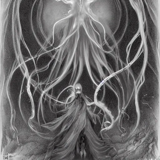 Prompt: concept designs for an ethereal ghostly wraith like figure made from wispy billowing smoke and sparks of electricity with a squid like parasite latched onto its head and long tentacle arms that flow lazily but gracefully at its sides like a cloak while it floats around a frozen rocky tundra in the snow searching for lost souls and that hides amongst the shadows in the trees, this character has hydrokinesis and electrokinesis for the resident evil village video game franchise with inspiration from kraang from the teenage mutant ninja turtle franchise and Bloodborne and the mind flayer from stranger things on netflix in the style of a marvel comic