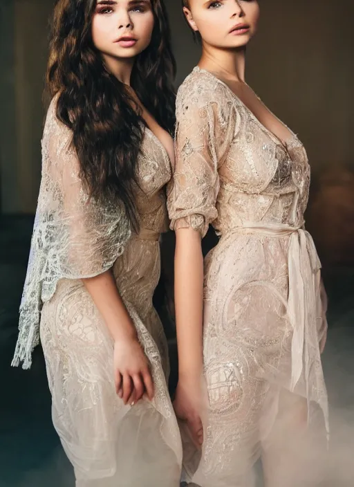 Image similar to portrait of demi rose and charlie grace moretz wearing kebaya in jakarta, by charlotte grimm, natural light, detailed face, beautiful features, symmetrical, canon eos c 3 0 0, ƒ 1. 8, 3 5 mm, 8 k, medium - format print, half body shot