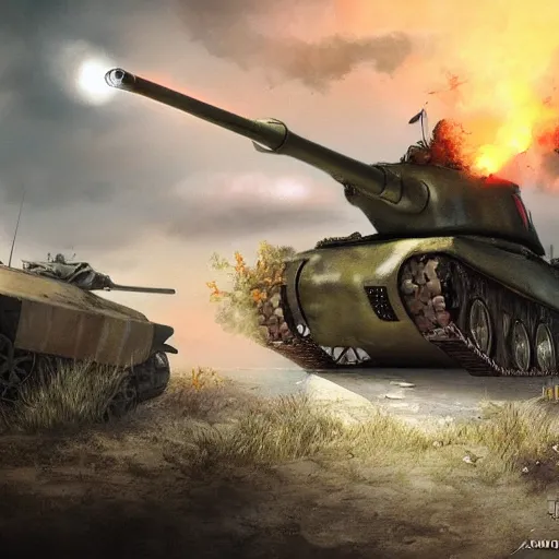 Image similar to WW2 Tank Battle, digital art, realistic, artstation